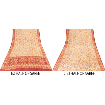 Sanskriti Vintage Sarees Cream Pure Silk Floral Printed Sari 5+yd Craft Fabric