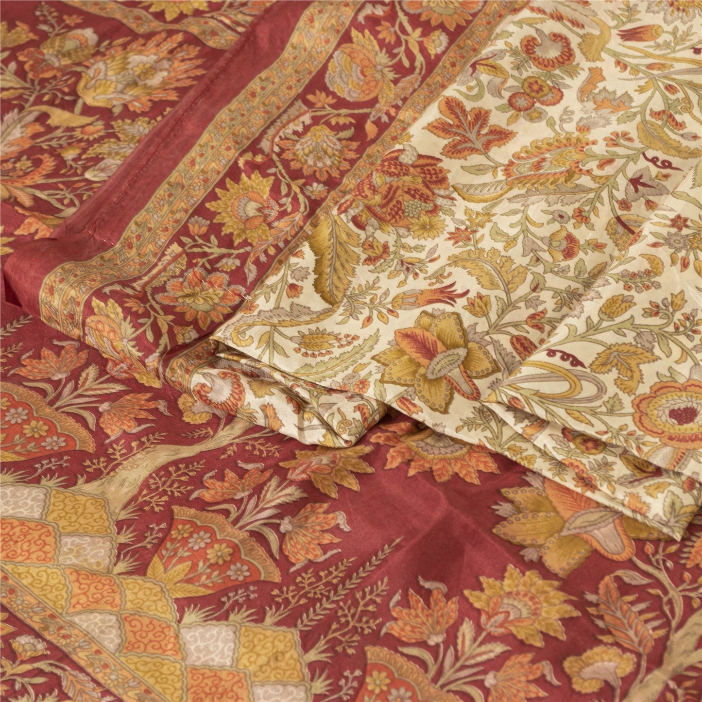 Sanskriti Vintage Sarees Cream Pure Silk Floral Printed Sari 5+yd Craft Fabric