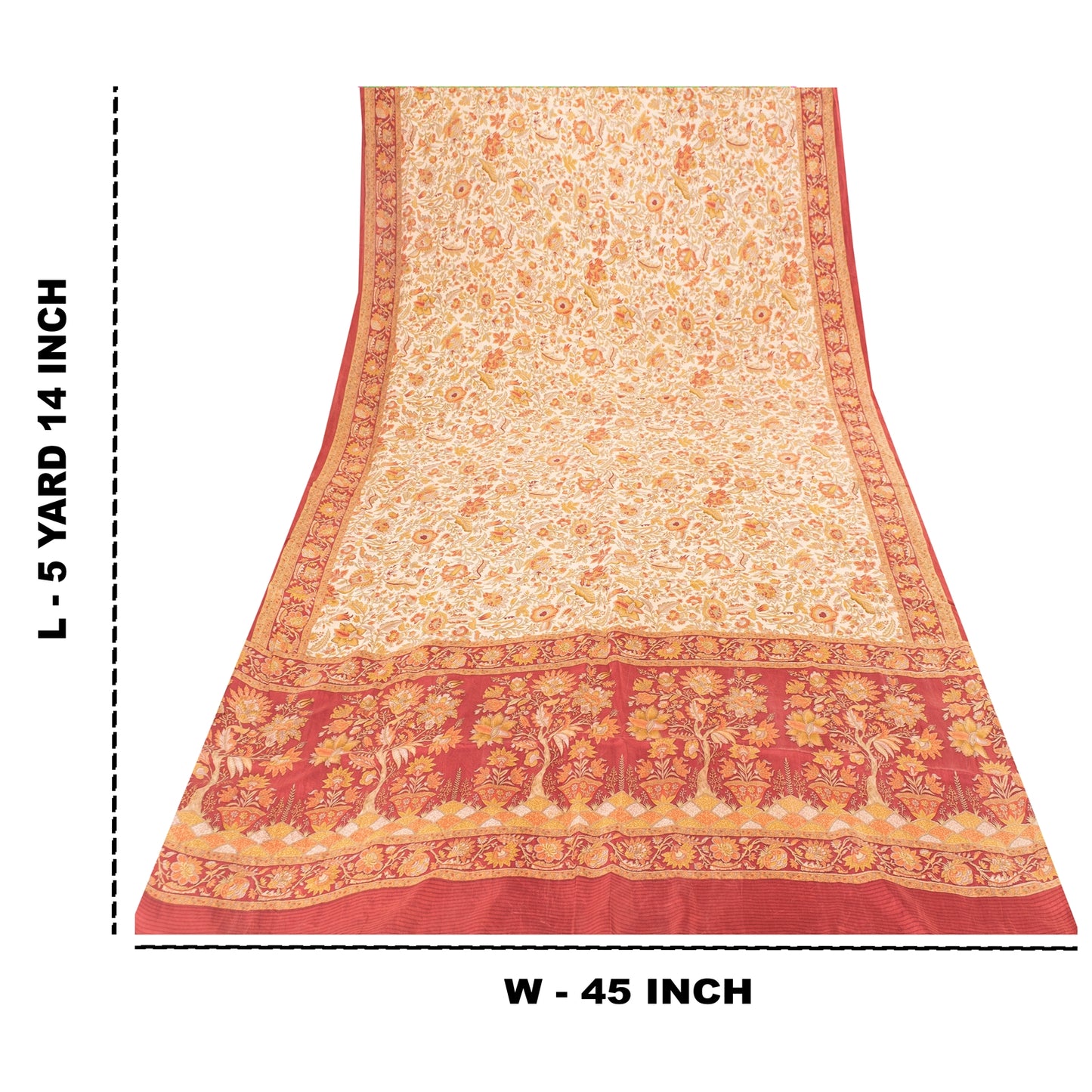 Sanskriti Vintage Sarees Cream Pure Silk Floral Printed Sari 5+yd Craft Fabric
