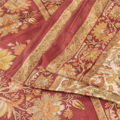 Sanskriti Vintage Sarees Cream Pure Silk Floral Printed Sari 5+yd Craft Fabric