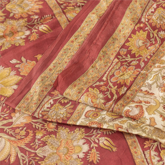 Sanskriti Vintage Sarees Cream Pure Silk Floral Printed Sari 5+yd Craft Fabric