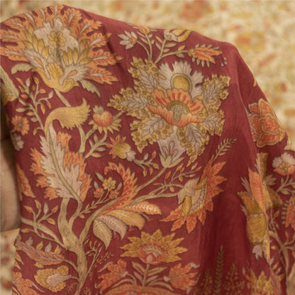 Sanskriti Vintage Sarees Cream Pure Silk Floral Printed Sari 5+yd Craft Fabric