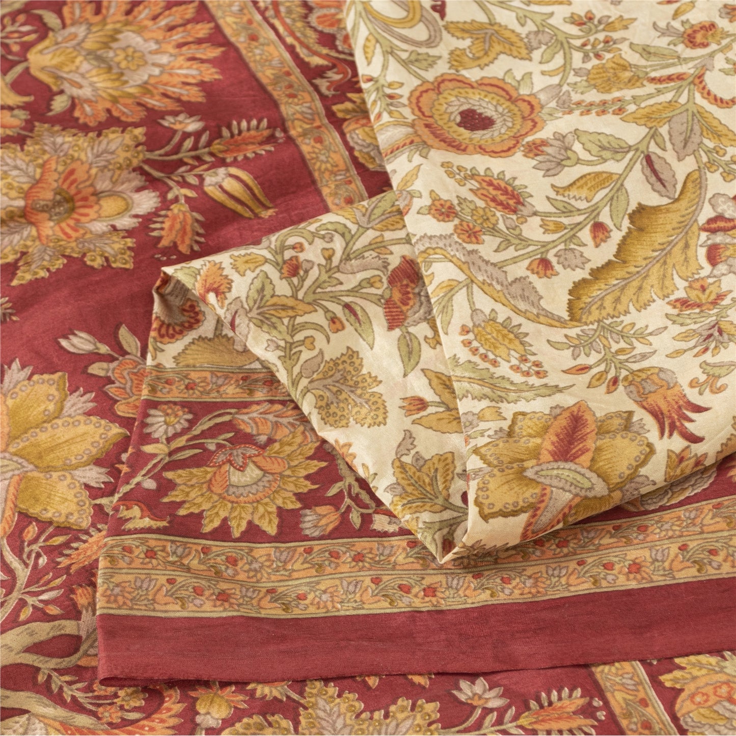 Sanskriti Vintage Sarees Cream Pure Silk Floral Printed Sari 5+yd Craft Fabric