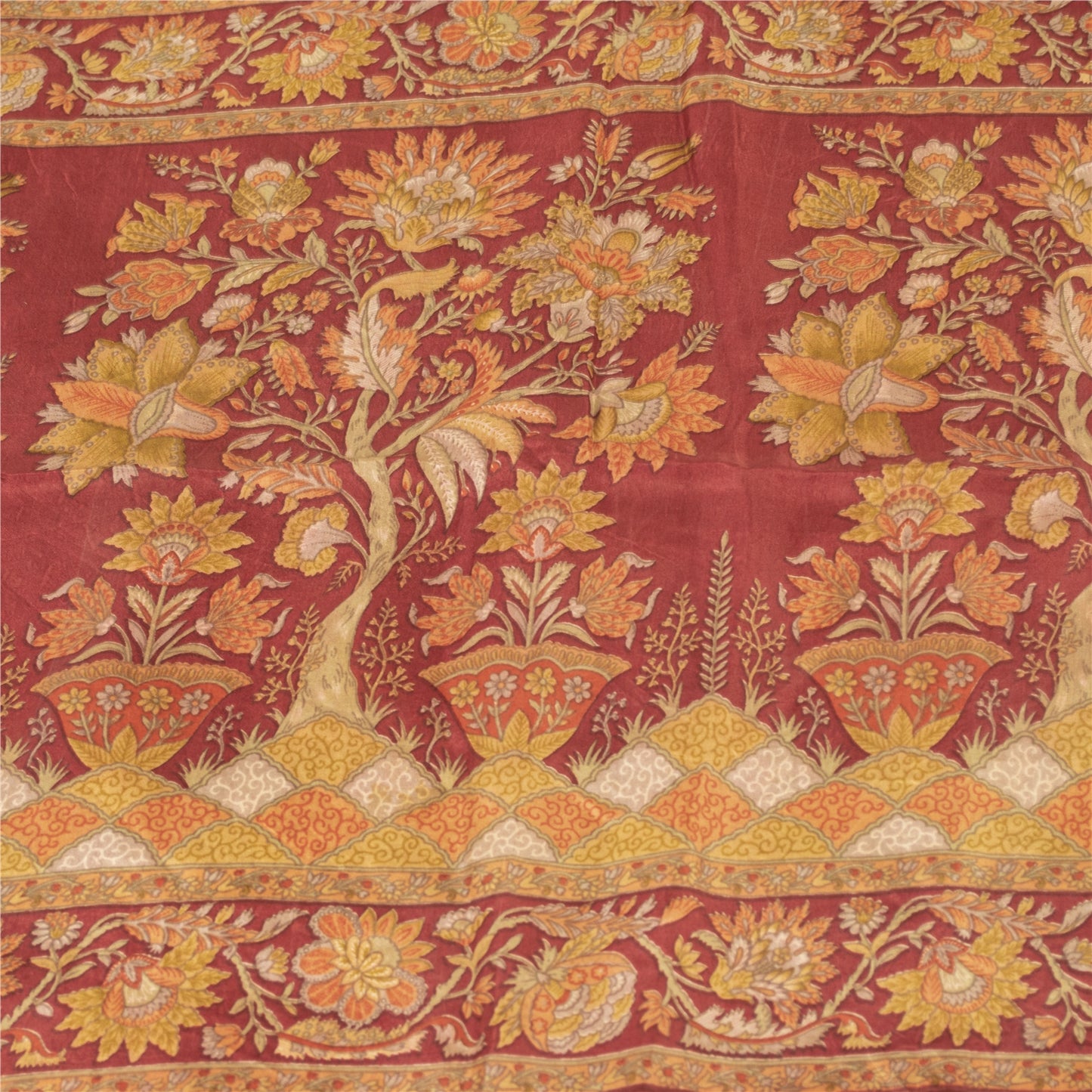 Sanskriti Vintage Sarees Cream Pure Silk Floral Printed Sari 5+yd Craft Fabric