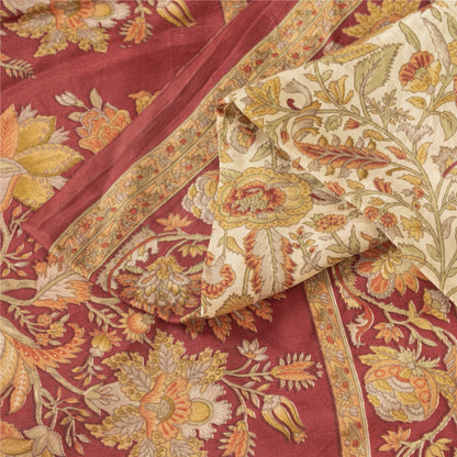 Sanskriti Vintage Sarees Cream Pure Silk Floral Printed Sari 5+yd Craft Fabric