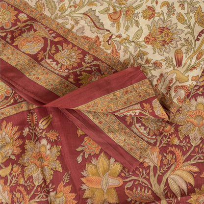 Sanskriti Vintage Sarees Cream Pure Silk Floral Printed Sari 5+yd Craft Fabric