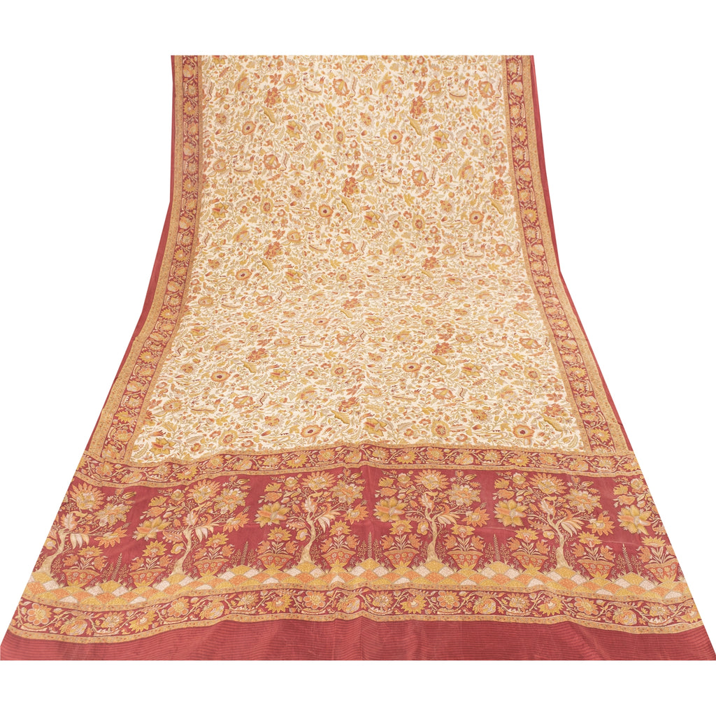 Sanskriti Vintage Sarees Cream Pure Silk Floral Printed Sari 5+yd Craft Fabric