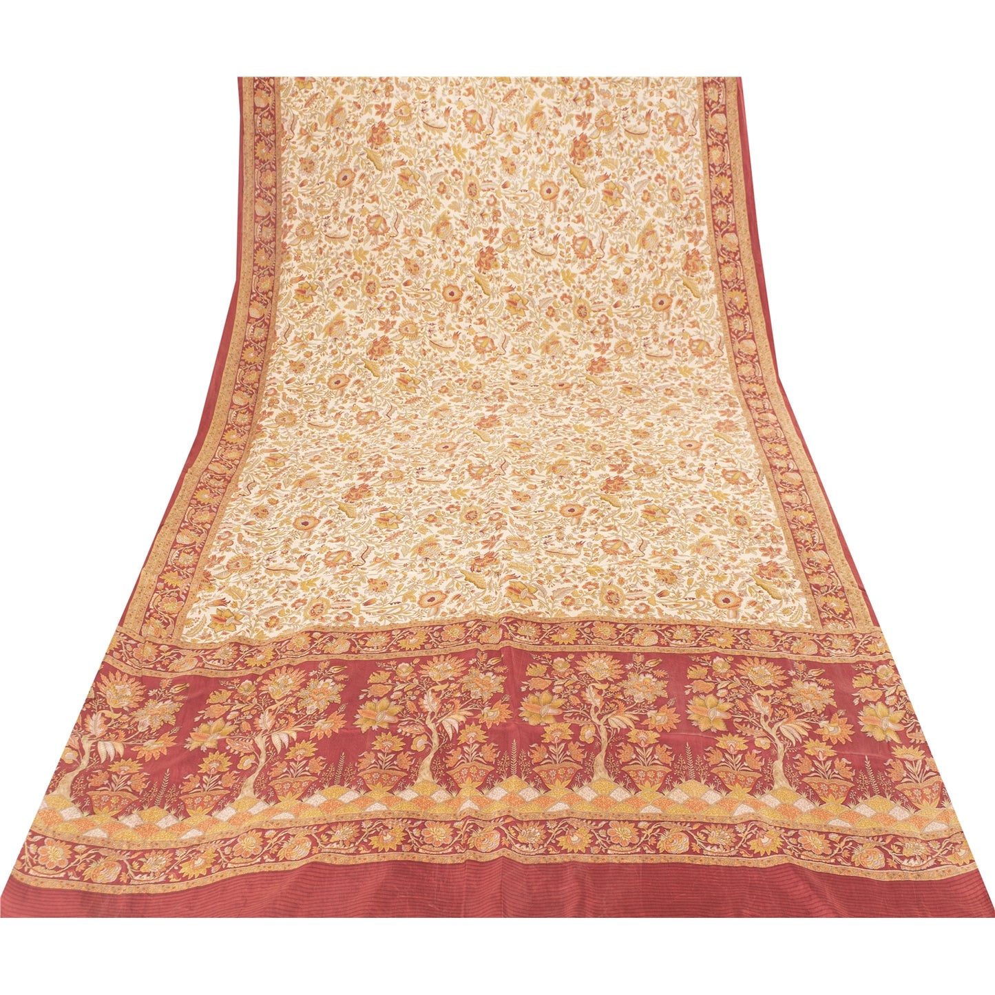 Sanskriti Vintage Sarees Cream Pure Silk Floral Printed Sari 5+yd Craft Fabric
