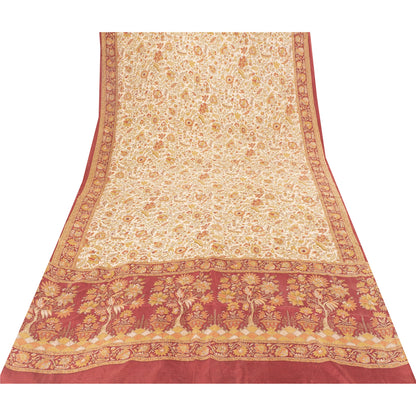 Sanskriti Vintage Sarees Cream Pure Silk Floral Printed Sari 5+yd Craft Fabric