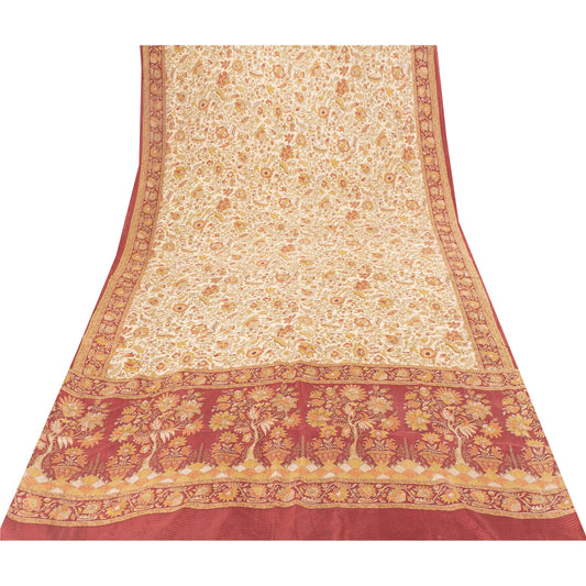 Sanskriti Vintage Sarees Cream Pure Silk Floral Printed Sari 5+yd Craft Fabric