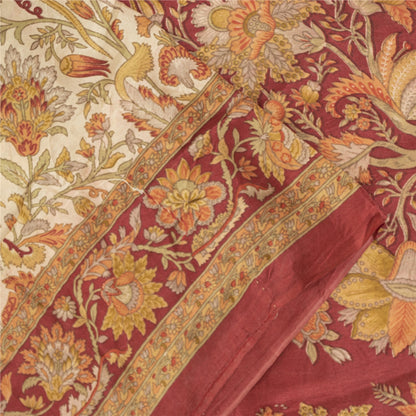 Sanskriti Vintage Sarees Cream Pure Silk Floral Printed Sari 5+yd Craft Fabric