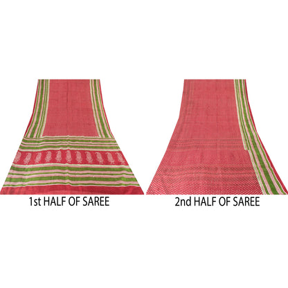 Sanskriti Vintage Sarees Red From India Pure Silk Printed Sari 5+yd Craft Fabric
