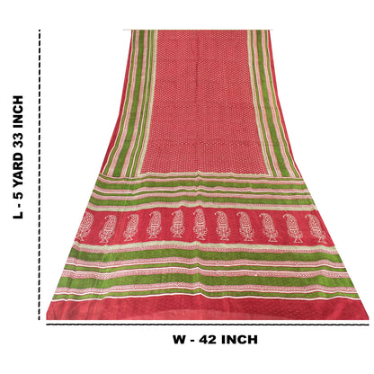 Sanskriti Vintage Sarees Red From India Pure Silk Printed Sari 5+yd Craft Fabric