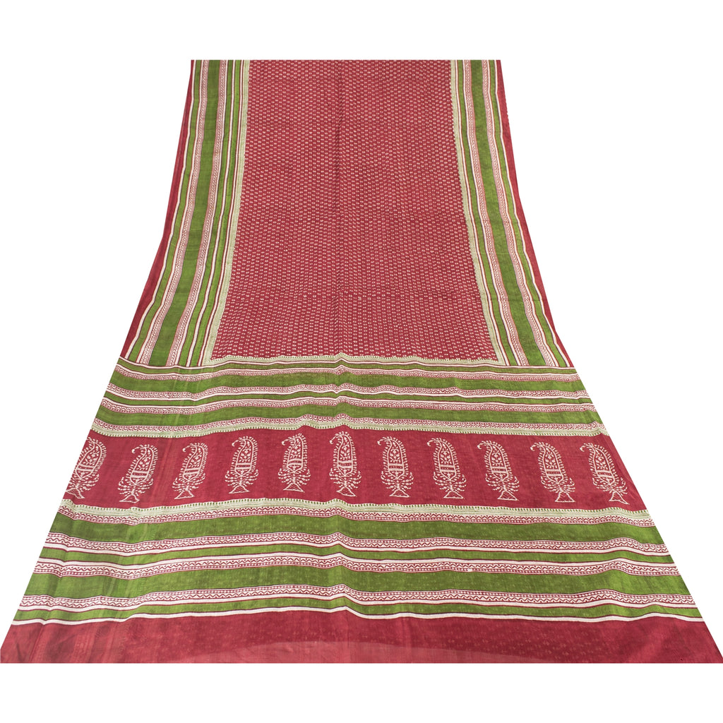 Sanskriti Vintage Sarees Red From India Pure Silk Printed Sari 5+yd Craft Fabric
