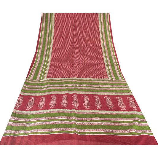 Sanskriti Vintage Sarees Red From India Pure Silk Printed Sari 5+yd Craft Fabric