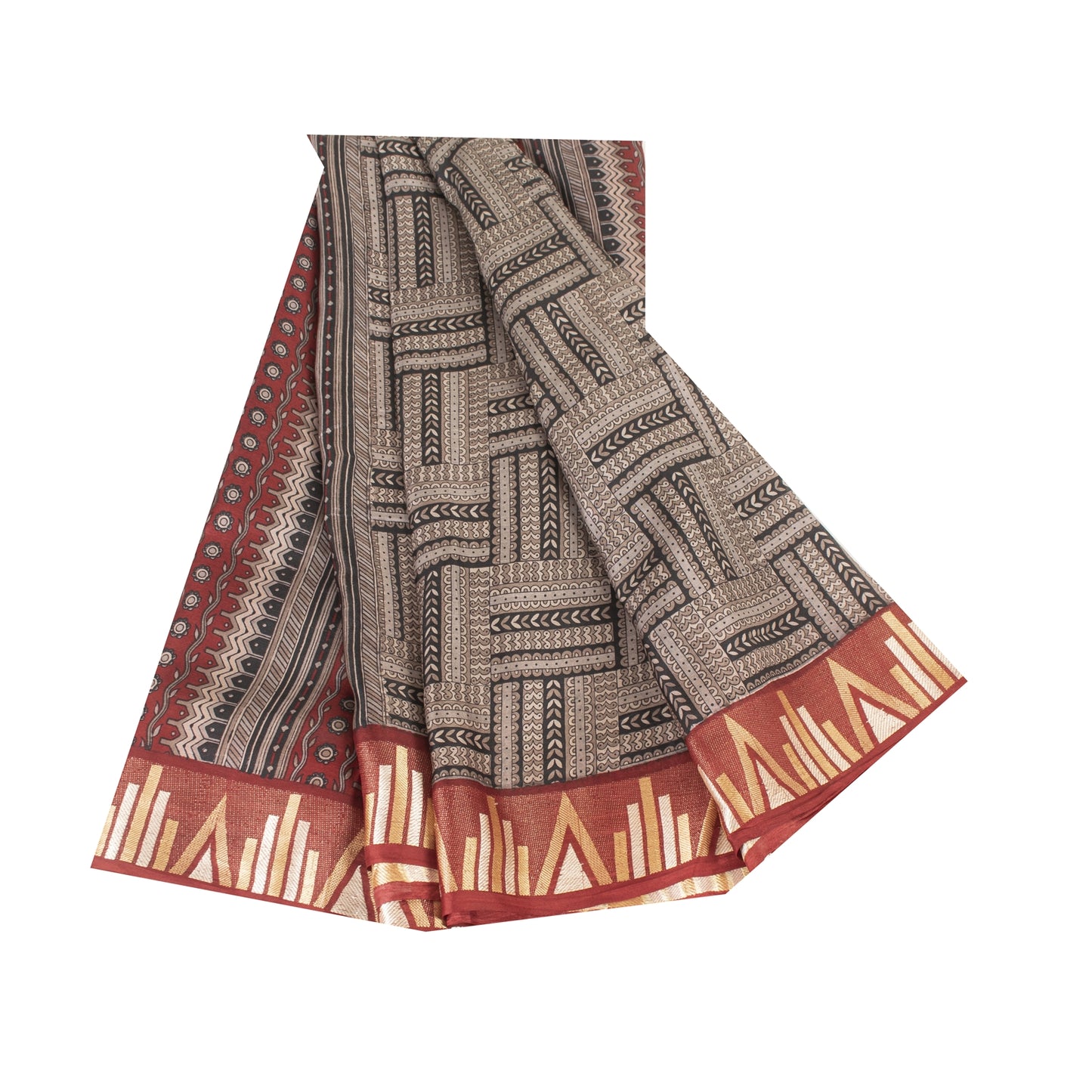 Sanskriti Vintage Sarees Gray Pure Silk Geometric Printed Sari 5+yd Craft Fabric