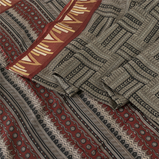 Sanskriti Vintage Sarees Gray Pure Silk Geometric Printed Sari 5+yd Craft Fabric