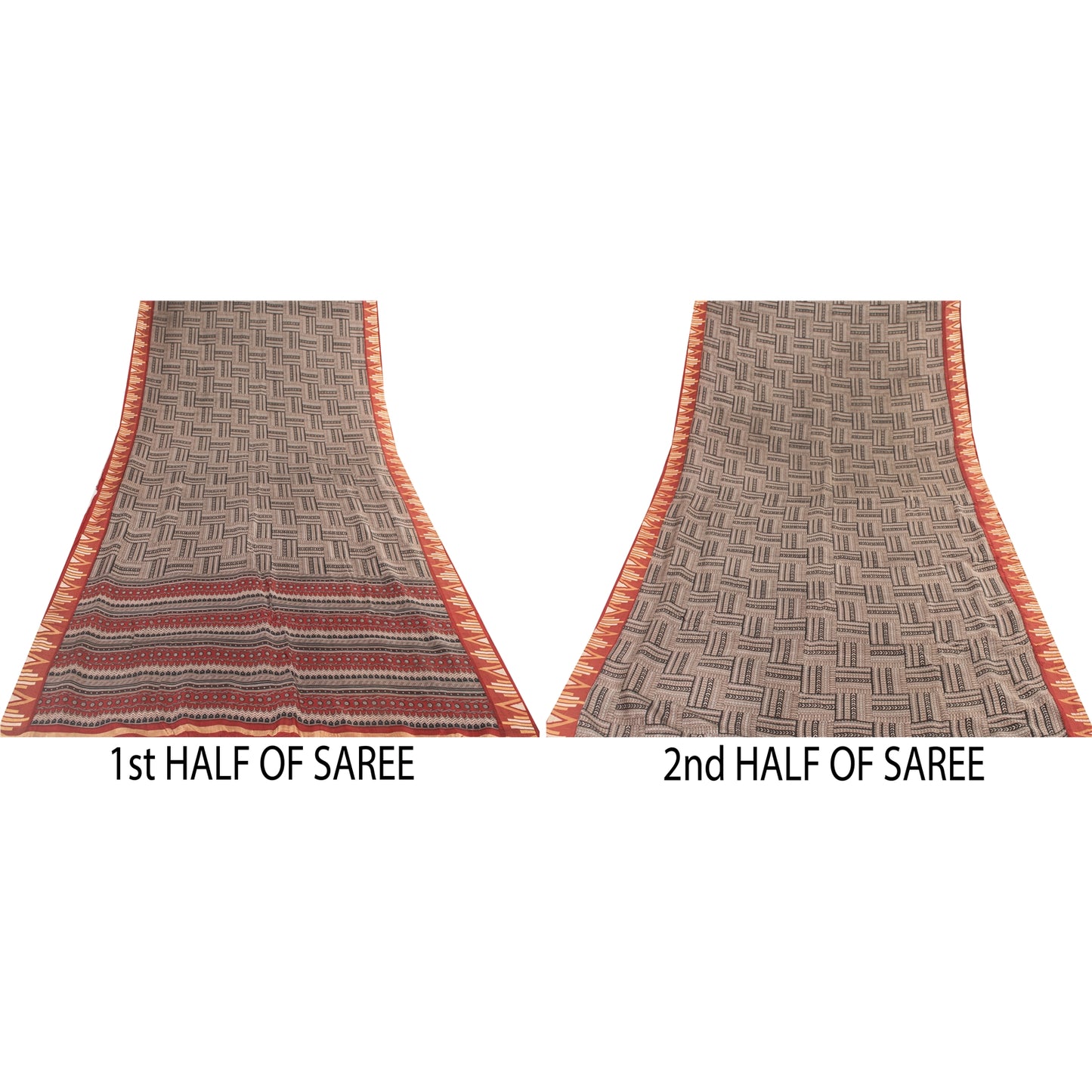 Sanskriti Vintage Sarees Gray Pure Silk Geometric Printed Sari 5+yd Craft Fabric