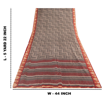Sanskriti Vintage Sarees Gray Pure Silk Geometric Printed Sari 5+yd Craft Fabric