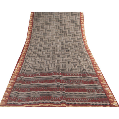 Sanskriti Vintage Sarees Gray Pure Silk Geometric Printed Sari 5+yd Craft Fabric