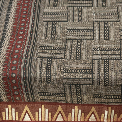 Sanskriti Vintage Sarees Gray Pure Silk Geometric Printed Sari 5+yd Craft Fabric