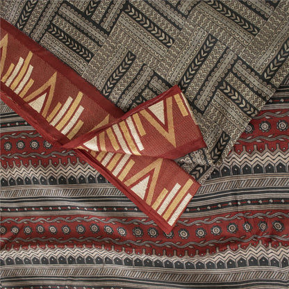 Sanskriti Vintage Sarees Gray Pure Silk Geometric Printed Sari 5+yd Craft Fabric