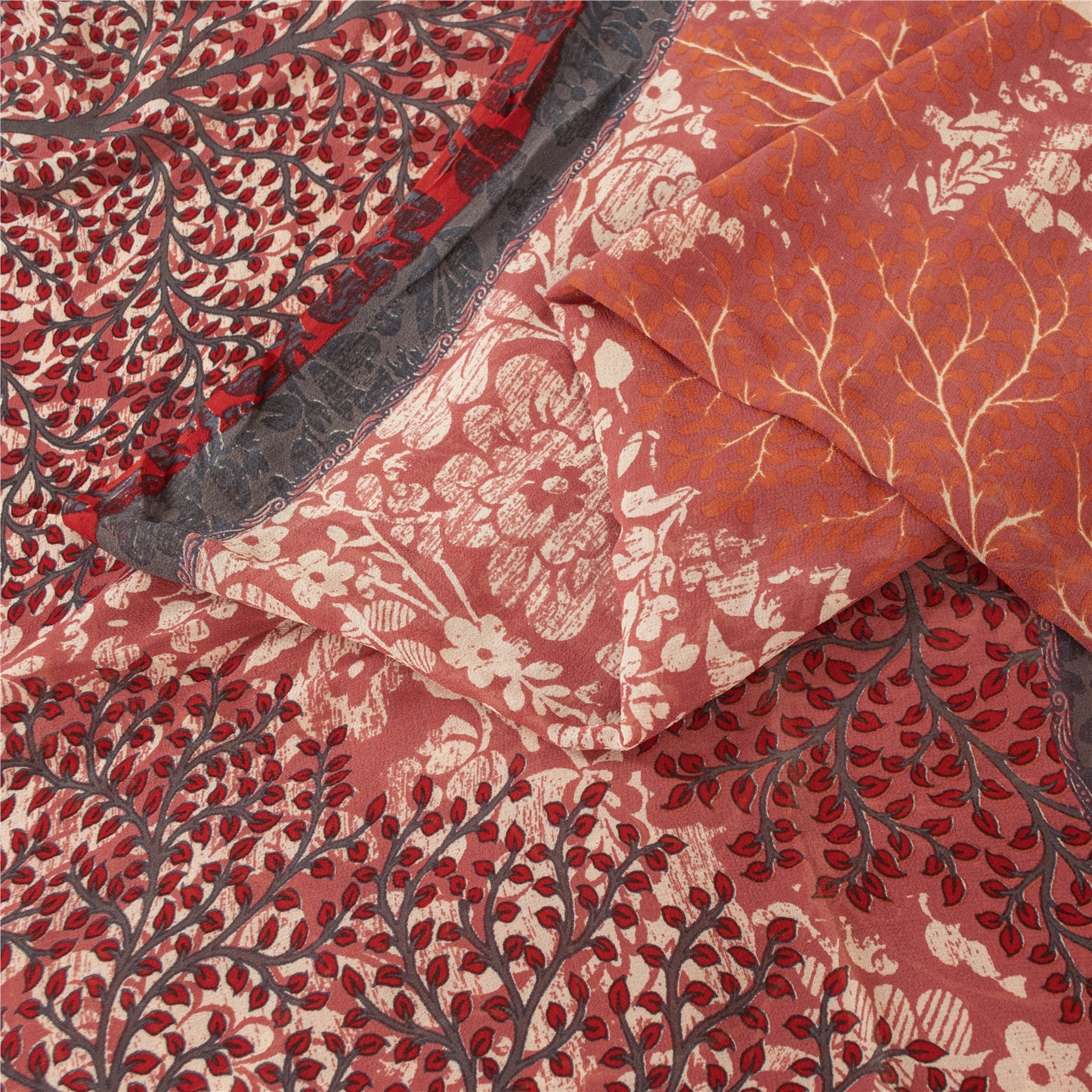 Sanskriti Vintage Sarees Peach Pure Georgette Printed Sari 6yd Craft Fabric