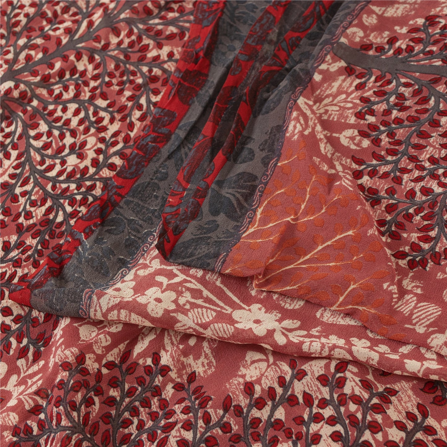 Sanskriti Vintage Sarees Peach Pure Georgette Printed Sari 6yd Craft Fabric