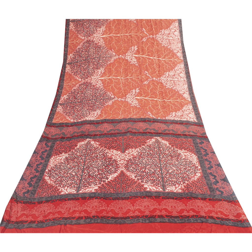 Sanskriti Vintage Sarees Peach Pure Georgette Printed Sari 6yd Craft Fabric