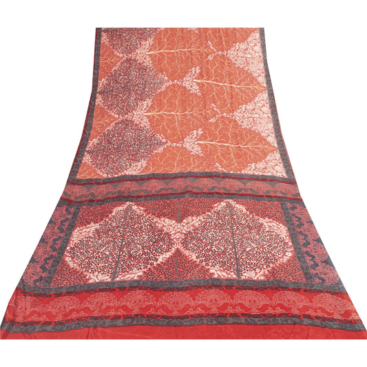 Sanskriti Vintage Sarees Peach Pure Georgette Printed Sari 6yd Craft Fabric