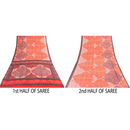 Sanskriti Vintage Sarees Peach Pure Georgette Printed Sari 6yd Craft Fabric