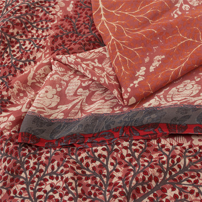 Sanskriti Vintage Sarees Peach Pure Georgette Printed Sari 6yd Craft Fabric