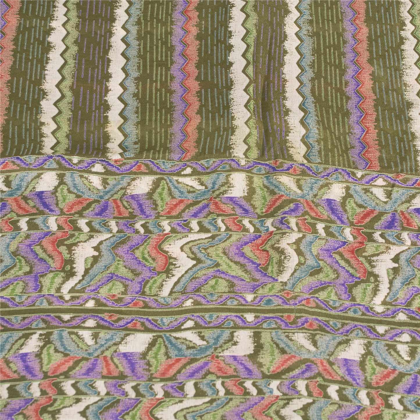 Sanskriti Vintage Sarees Green Pure Silk Abstract Printed Sari 5+yd Craft Fabric