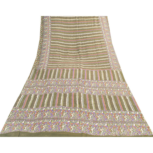 Sanskriti Vintage Sarees Green Pure Silk Abstract Printed Sari 5+yd Craft Fabric