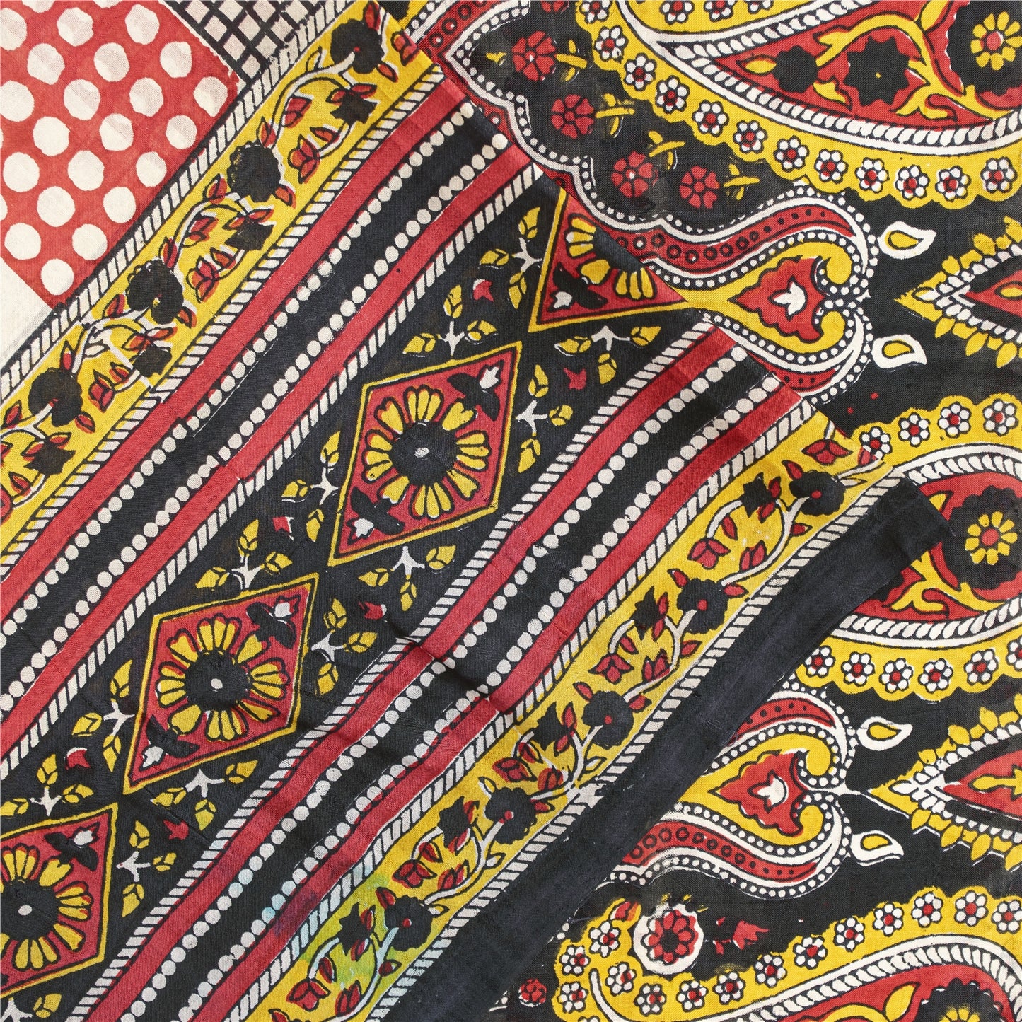 Sanskriti Vintage Sarees ivory 100% Pure Silk Printed Sari 5+yd Craft Fabric