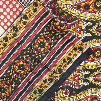 Sanskriti Vintage Sarees ivory 100% Pure Silk Printed Sari 5+yd Craft Fabric