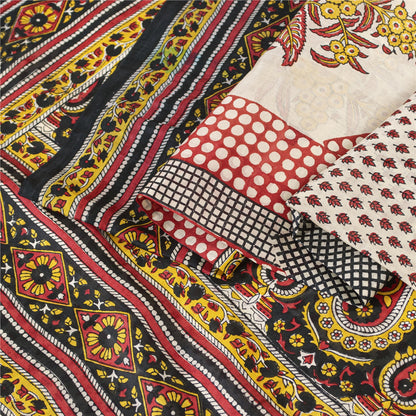 Sanskriti Vintage Sarees ivory 100% Pure Silk Printed Sari 5+yd Craft Fabric