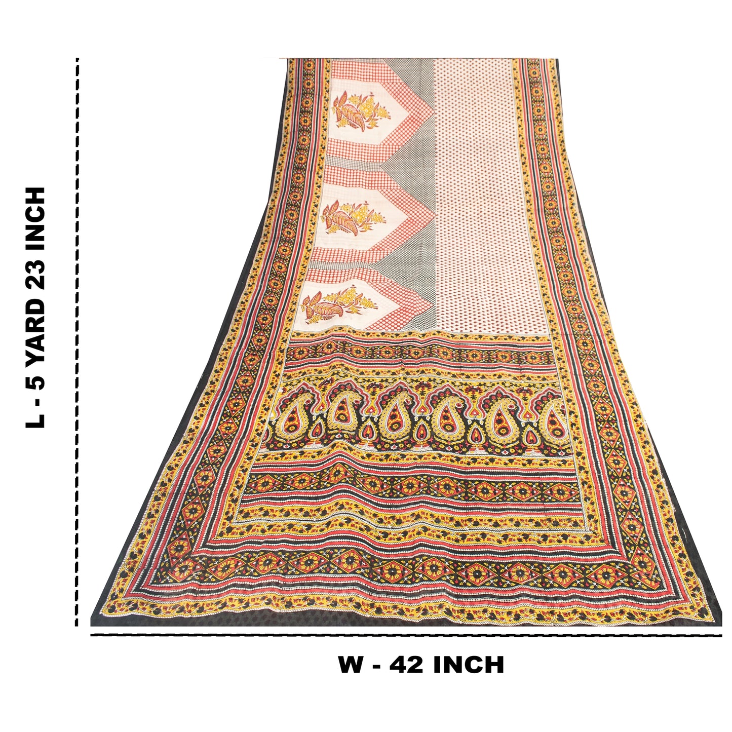 Sanskriti Vintage Sarees ivory 100% Pure Silk Printed Sari 5+yd Craft Fabric