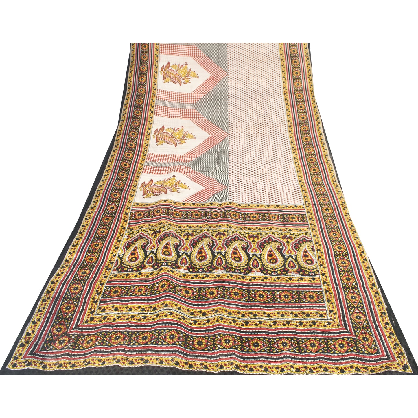 Sanskriti Vintage Sarees ivory 100% Pure Silk Printed Sari 5+yd Craft Fabric