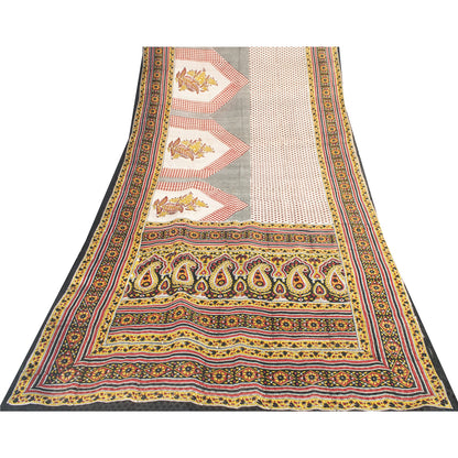 Sanskriti Vintage Sarees ivory 100% Pure Silk Printed Sari 5+yd Craft Fabric