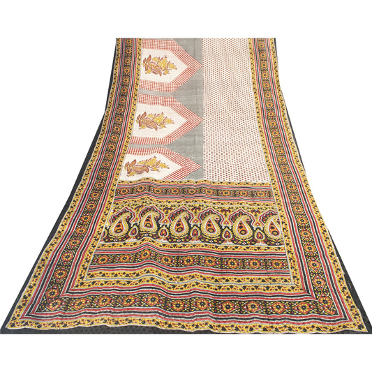 Sanskriti Vintage Sarees ivory 100% Pure Silk Printed Sari 5+yd Craft Fabric