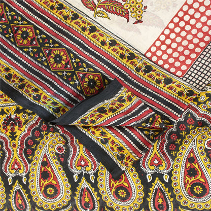 Sanskriti Vintage Sarees ivory 100% Pure Silk Printed Sari 5+yd Craft Fabric