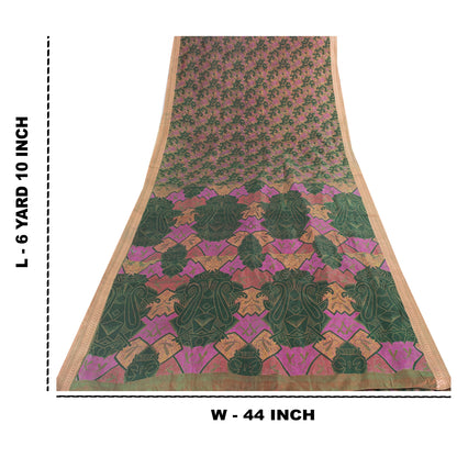 Sanskriti Vintage Sarees Green & Pink Pure Silk Printed Sari 6+yd Craft Fabric