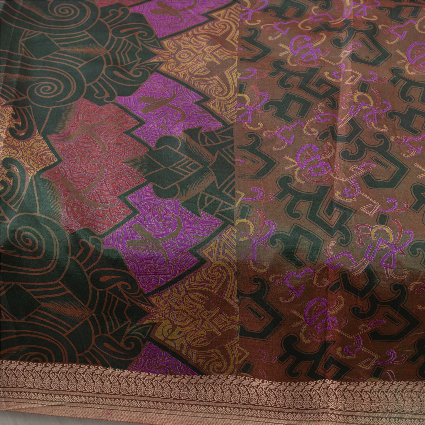 Sanskriti Vintage Sarees Green & Pink Pure Silk Printed Sari 6+yd Craft Fabric