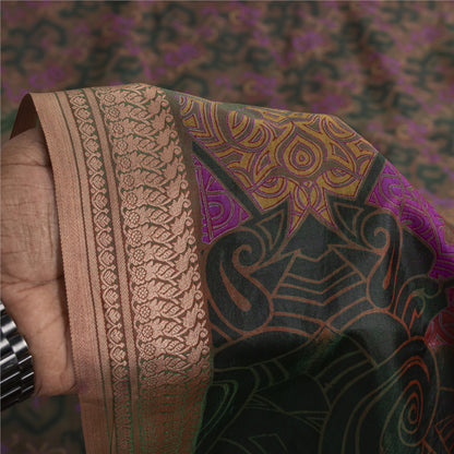 Sanskriti Vintage Sarees Green & Pink Pure Silk Printed Sari 6+yd Craft Fabric