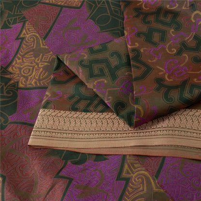Sanskriti Vintage Sarees Green & Pink Pure Silk Printed Sari 6+yd Craft Fabric