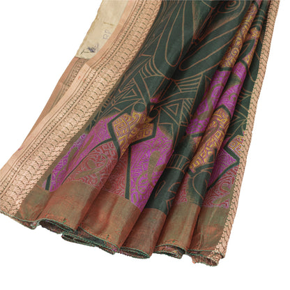Sanskriti Vintage Sarees Green & Pink Pure Silk Printed Sari 6+yd Craft Fabric