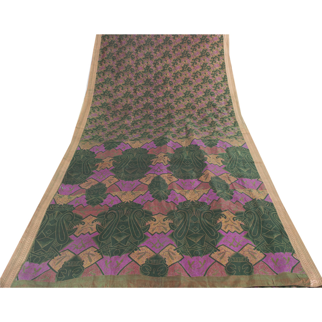 Sanskriti Vintage Sarees Green & Pink Pure Silk Printed Sari 6+yd Craft Fabric