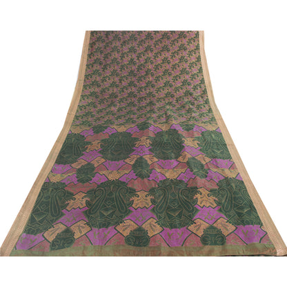 Sanskriti Vintage Sarees Green & Pink Pure Silk Printed Sari 6+yd Craft Fabric