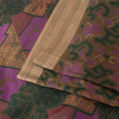 Sanskriti Vintage Sarees Green & Pink Pure Silk Printed Sari 6+yd Craft Fabric